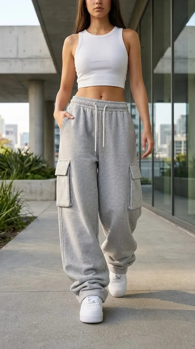 Pants Cargo Mujer Baggy Oversize Pierna Ancha Felpa Bolsa