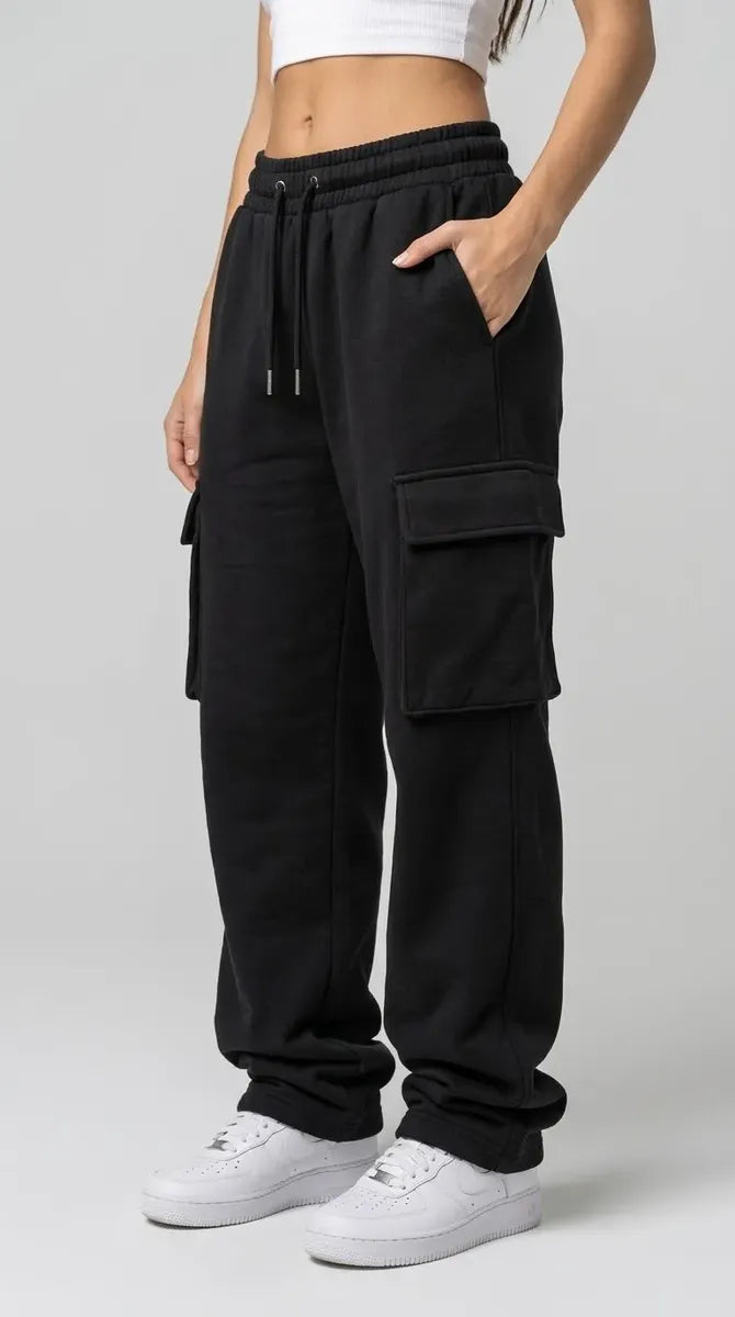 Pants Cargo Mujer Baggy Oversize Pierna Ancha Felpa Bolsa