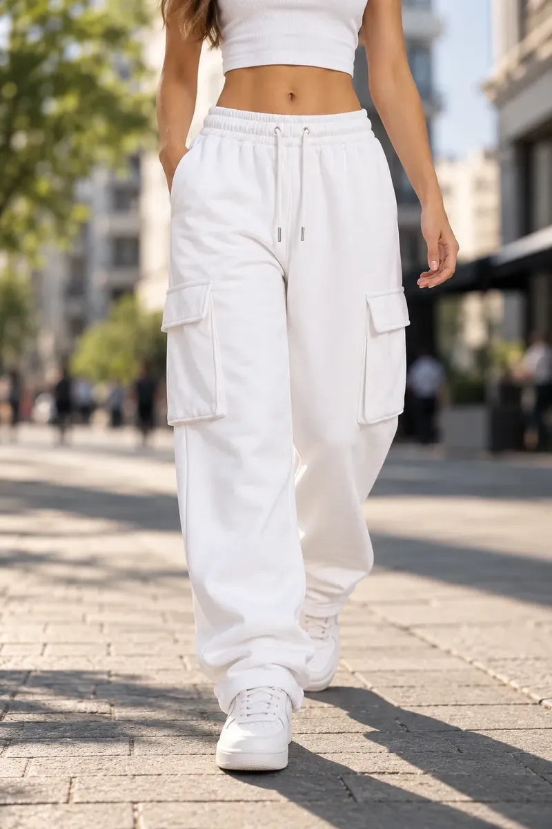 Pants Cargo Mujer Baggy Oversize Pierna Ancha Felpa Bolsa