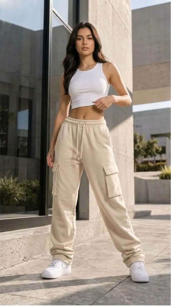 Pants Cargo Mujer Baggy Oversize Pierna Ancha Felpa Bolsa